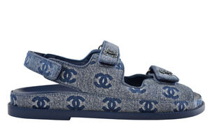 Chanel 25P Blue Denim CC Printed Logo Mule Slide Strap Flat Dad Teva Sandal 39